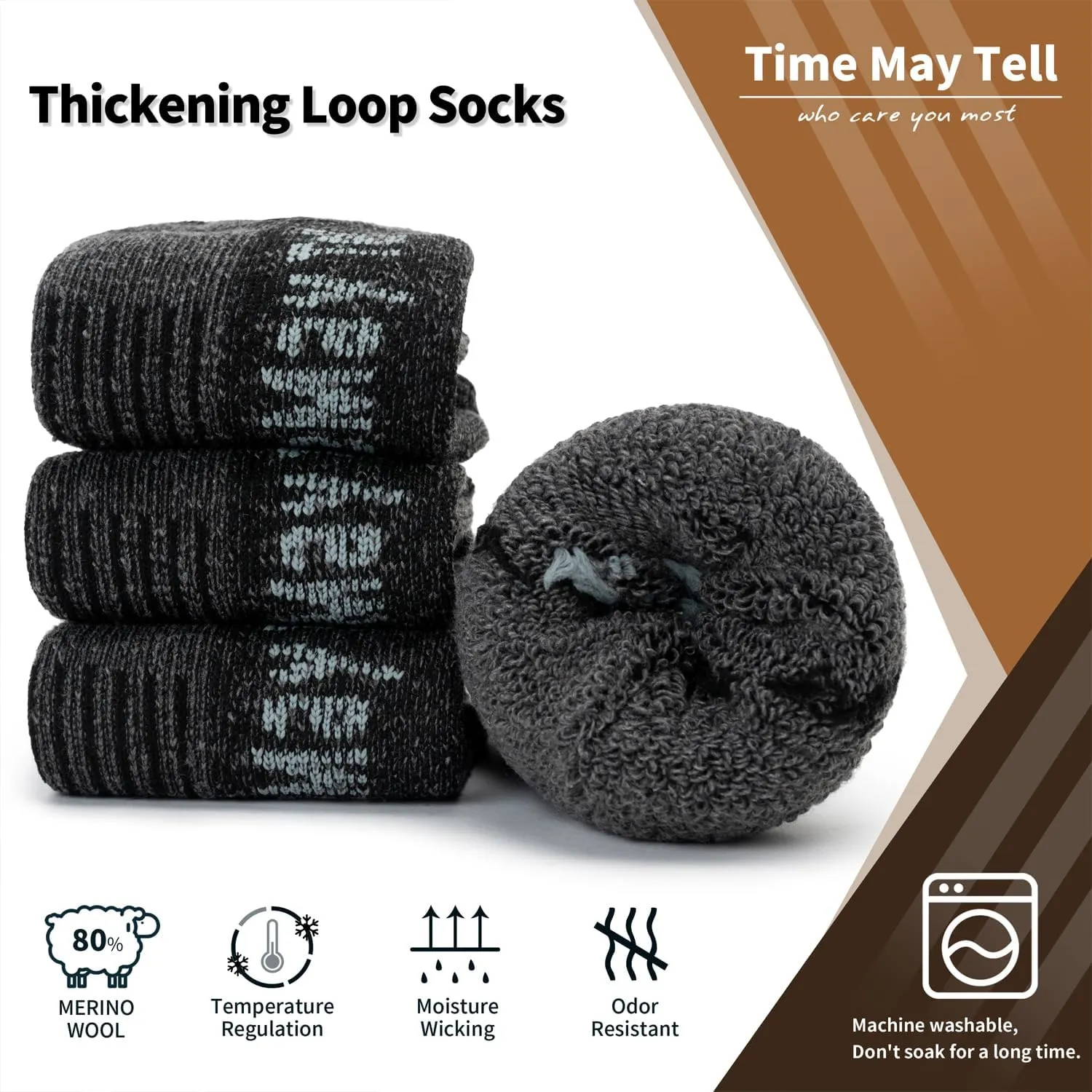 Time May Tell Mens Merino Wool Hiking Cushion Socks Thermal Warm Crew Winter Boot Socks Pack (2/4 Pair,6-13 Size)