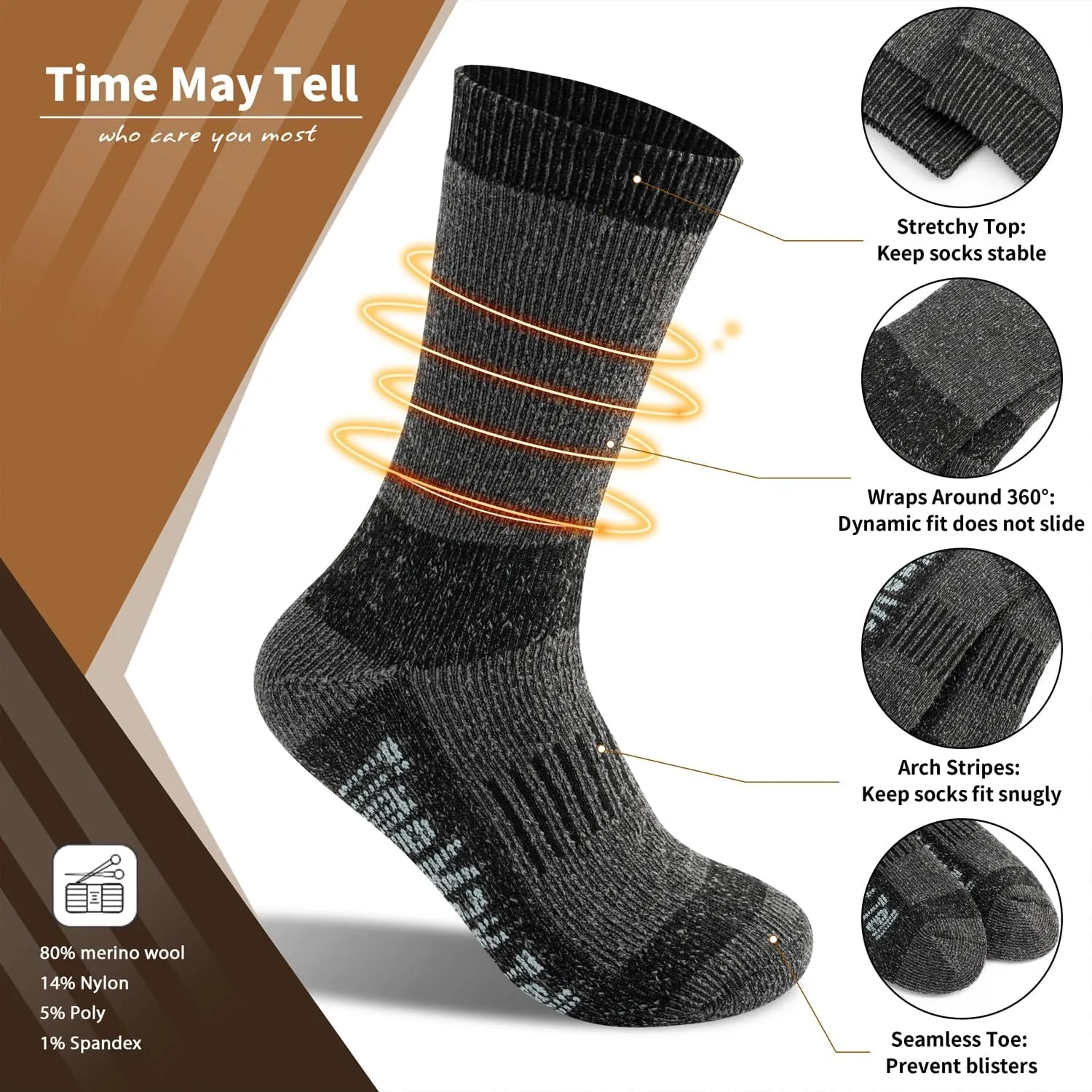 Time May Tell Mens Merino Wool Hiking Cushion Socks Thermal Warm Crew Winter Boot Socks Pack (2/4 Pair,6-13 Size)