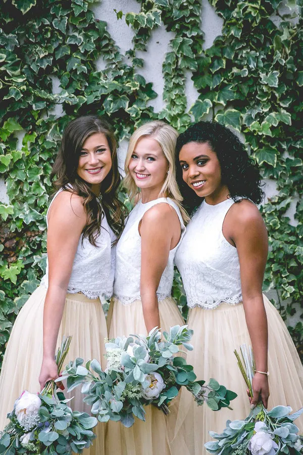 Two Piece Jewel Keyhole Back Light Champagne Tulle Bridesmaid Dress with Lace AHC646