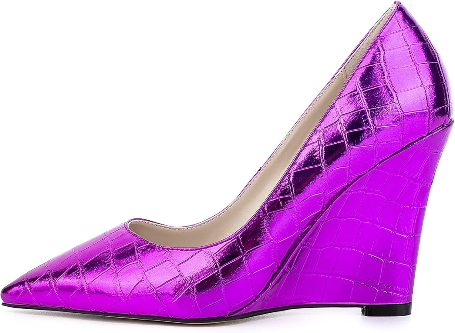 UP2STEP Women Fashion Patent Vegan Leather Printed Wedge High Heeled Slip on Slide Dress Shoes