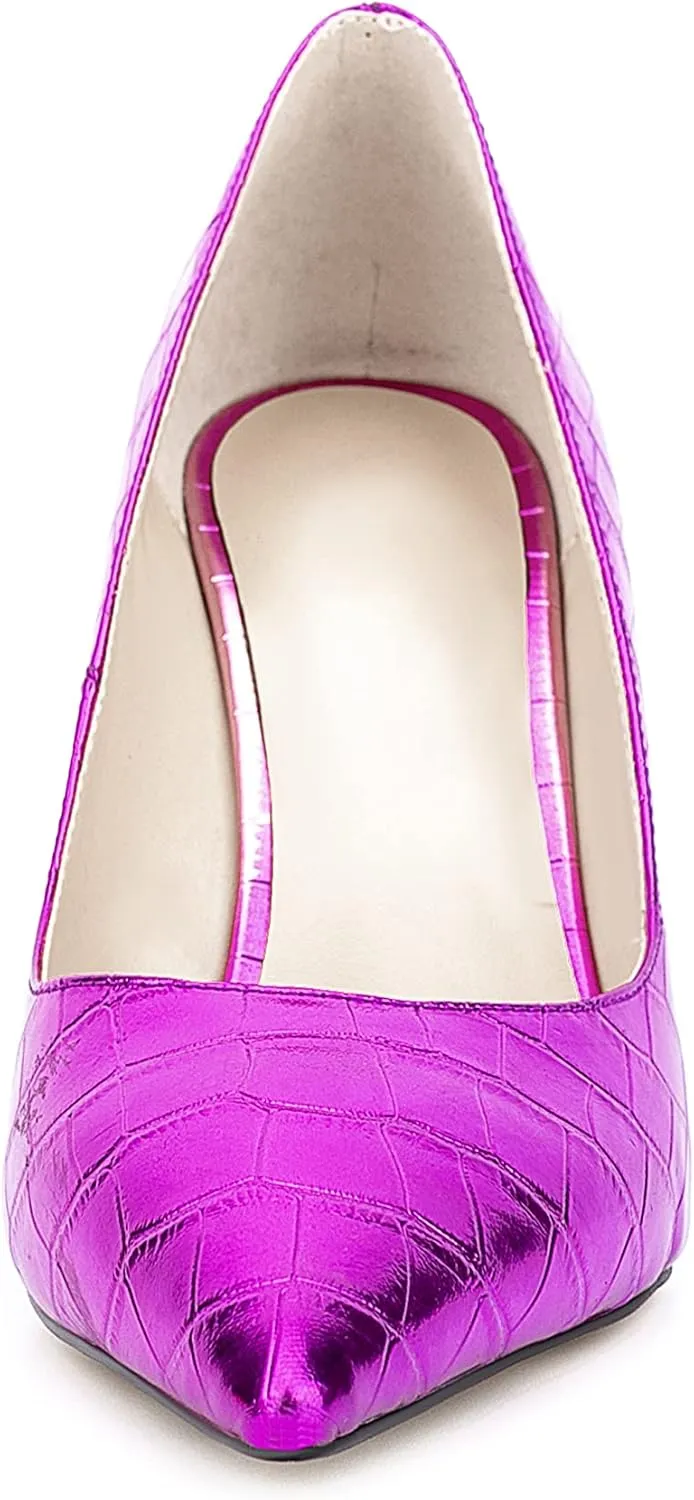 UP2STEP Women Fashion Patent Vegan Leather Printed Wedge High Heeled Slip on Slide Dress Shoes