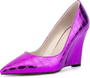 UP2STEP Women Fashion Patent Vegan Leather Printed Wedge High Heeled Slip on Slide Dress Shoes