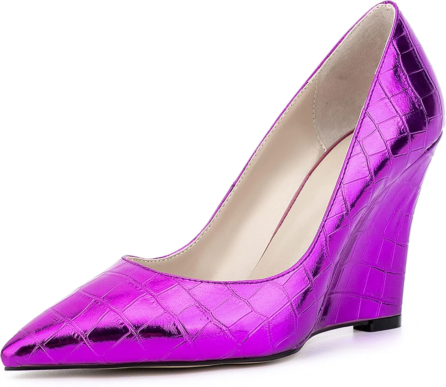 UP2STEP Women Fashion Patent Vegan Leather Printed Wedge High Heeled Slip on Slide Dress Shoes