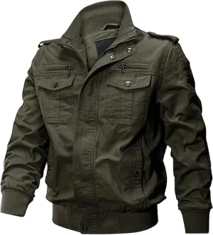 Washed Cotton Military Jacket for Men's Lightweight Casual Field Coat Windbreaker Utility Bomber Jackets