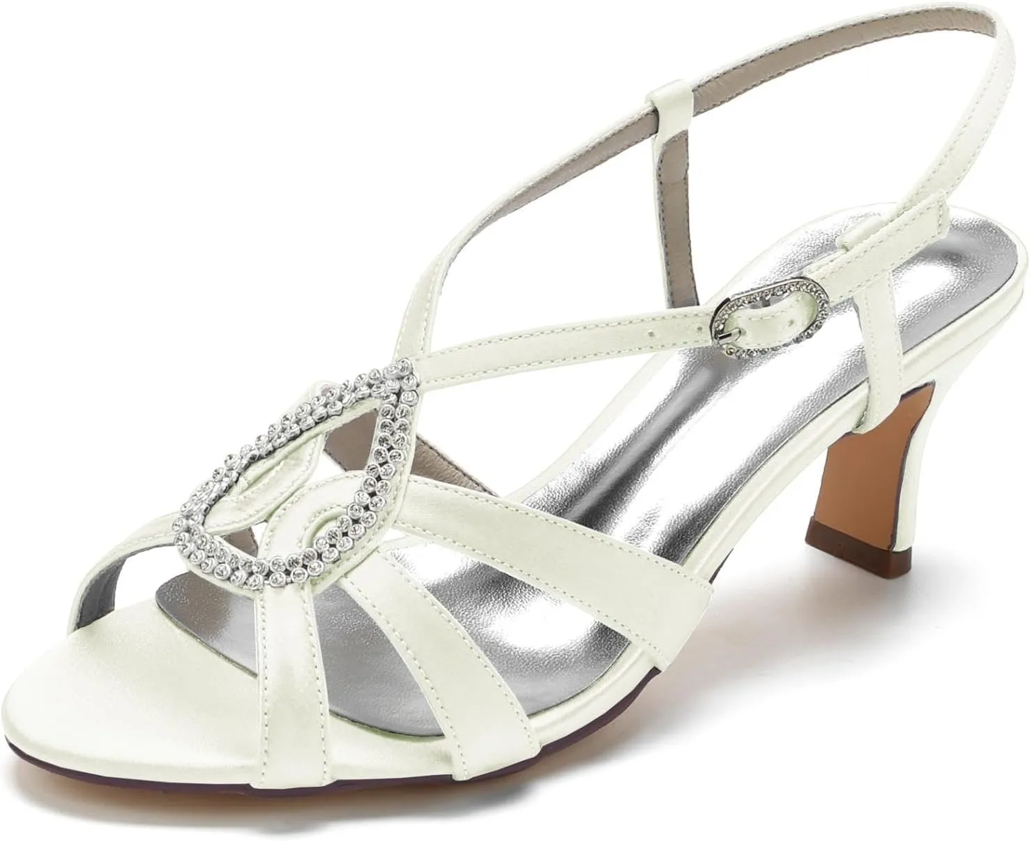 Women Retro Low Kitten Heel Rhinestone Ankle Strap Dress Sandals Open Toe Vegan Satin Shoes