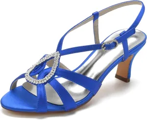 Women Retro Low Kitten Heel Rhinestone Ankle Strap Dress Sandals Open Toe Vegan Satin Shoes