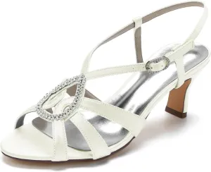 Women Retro Low Kitten Heel Rhinestone Ankle Strap Dress Sandals Open Toe Vegan Satin Shoes