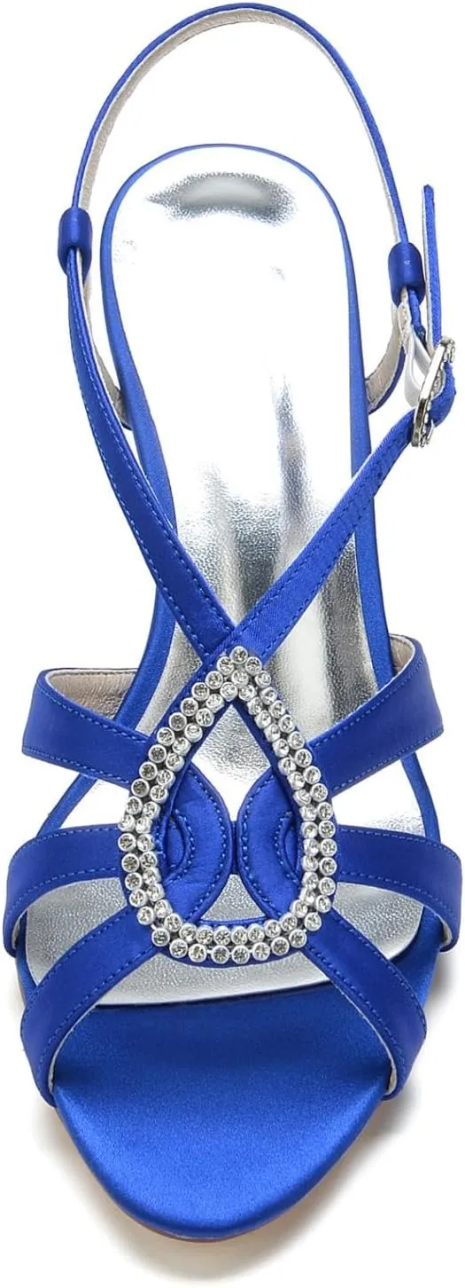 Women Retro Low Kitten Heel Rhinestone Ankle Strap Dress Sandals Open Toe Vegan Satin Shoes