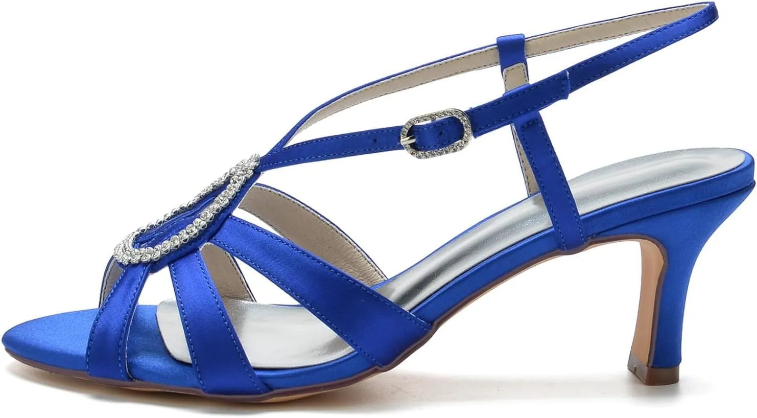 Women Retro Low Kitten Heel Rhinestone Ankle Strap Dress Sandals Open Toe Vegan Satin Shoes