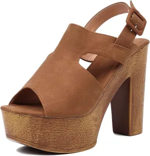 Women Vintage Peep Toe Platform Slingback Pumps Chunky Heel Vegan Suede Sandals with Ankle Buckle