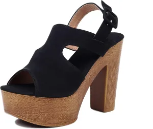 Women Vintage Peep Toe Platform Slingback Pumps Chunky Heel Vegan Suede Sandals with Ankle Buckle