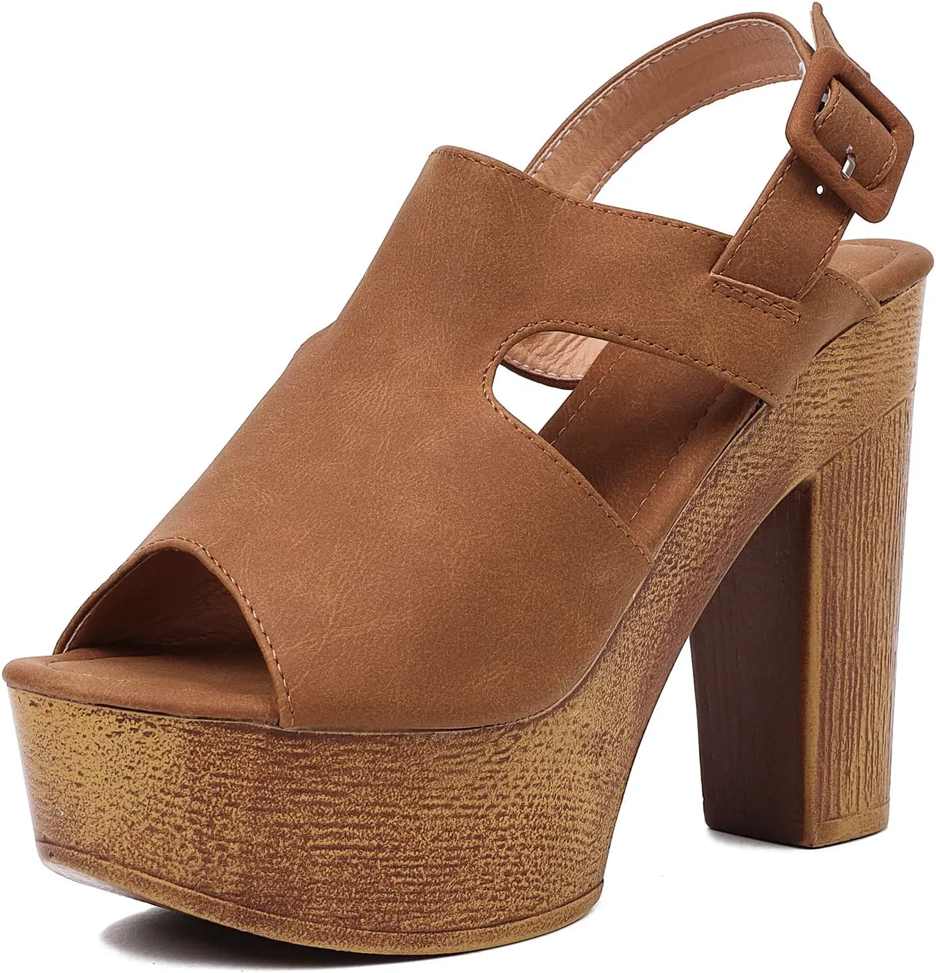 Women Vintage Peep Toe Platform Slingback Pumps Chunky Heel Vegan Suede Sandals with Ankle Buckle