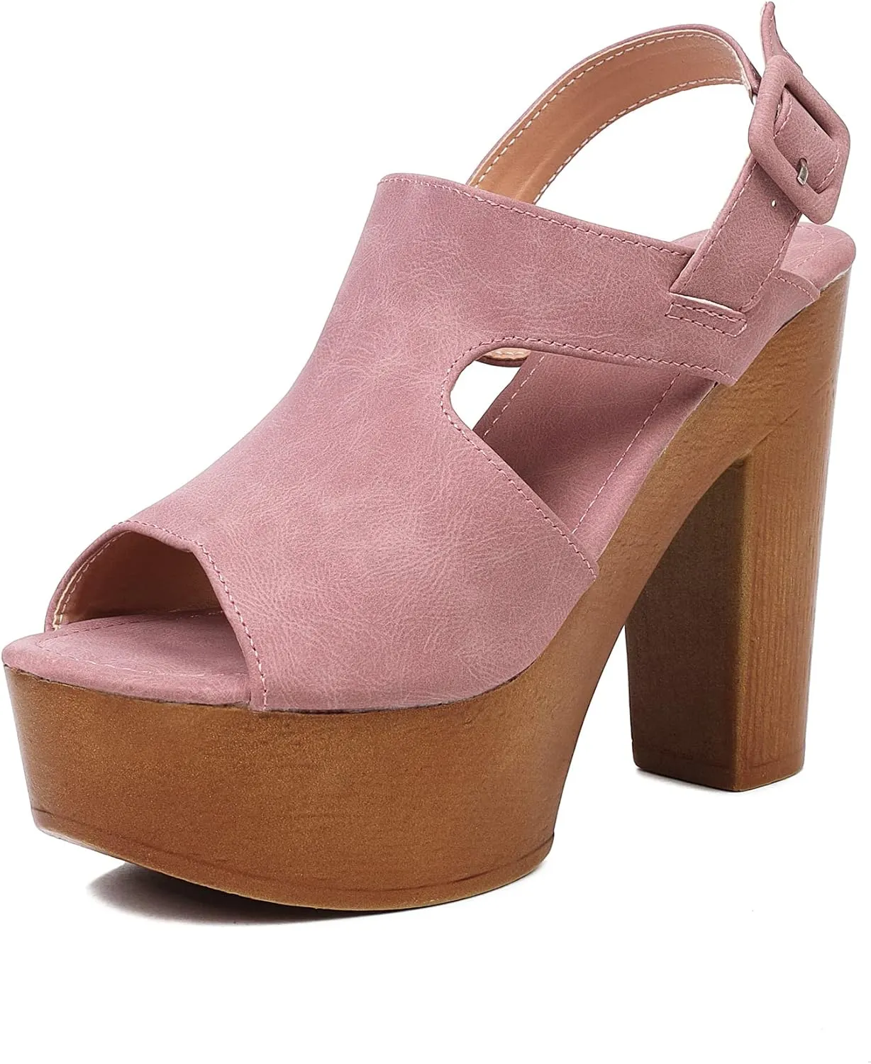 Women Vintage Peep Toe Platform Slingback Pumps Chunky Heel Vegan Suede Sandals with Ankle Buckle