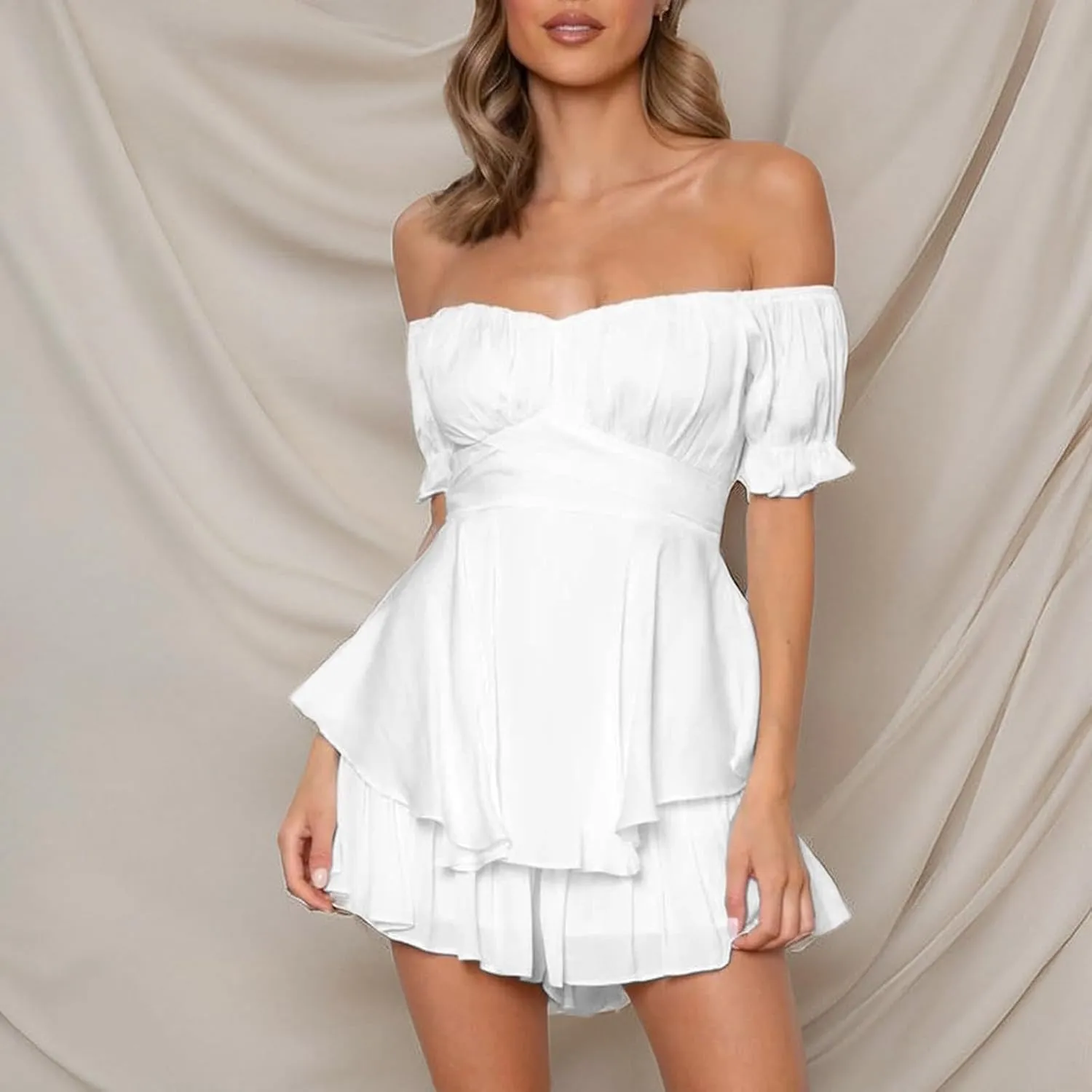 Women White Mini Dress Y2K Vintage Lace Patchwork A line Dress Summer Party Vacation Short Graduation Dresses