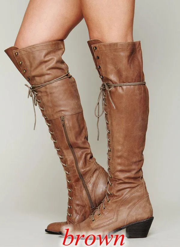 Women's knee high lace-up boots with zipper chunky fashion long boots
