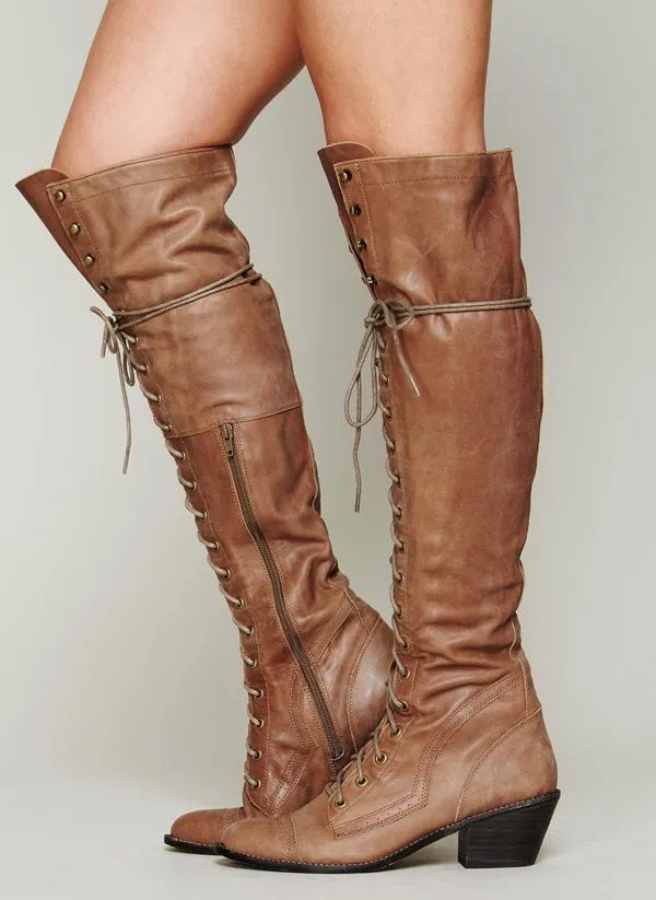 Women's knee high lace-up boots with zipper chunky fashion long boots