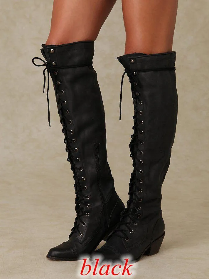 Women's knee high lace-up boots with zipper chunky fashion long boots