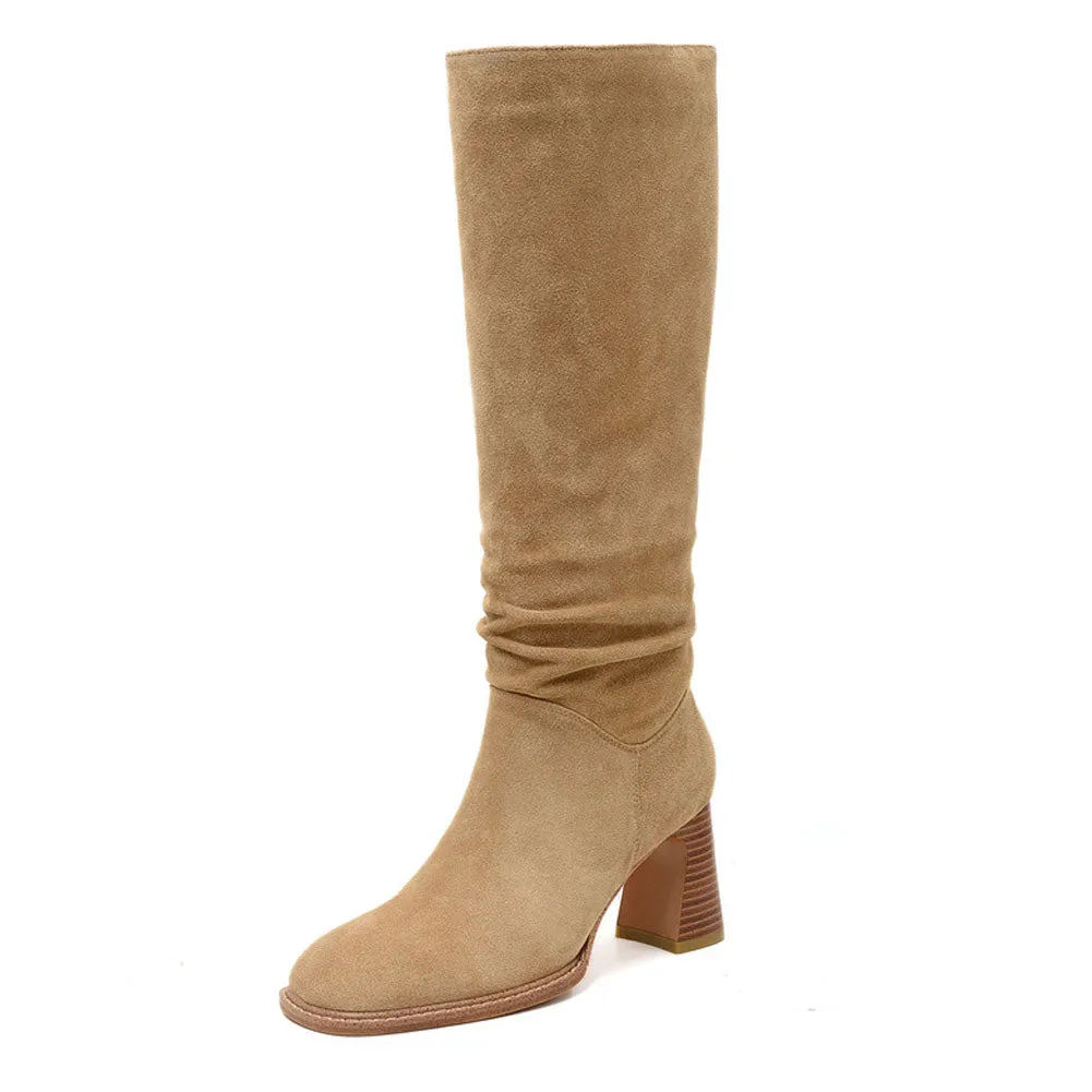 Womens Round Toe Vintage Suede Pull On Long Boots with Block Heel