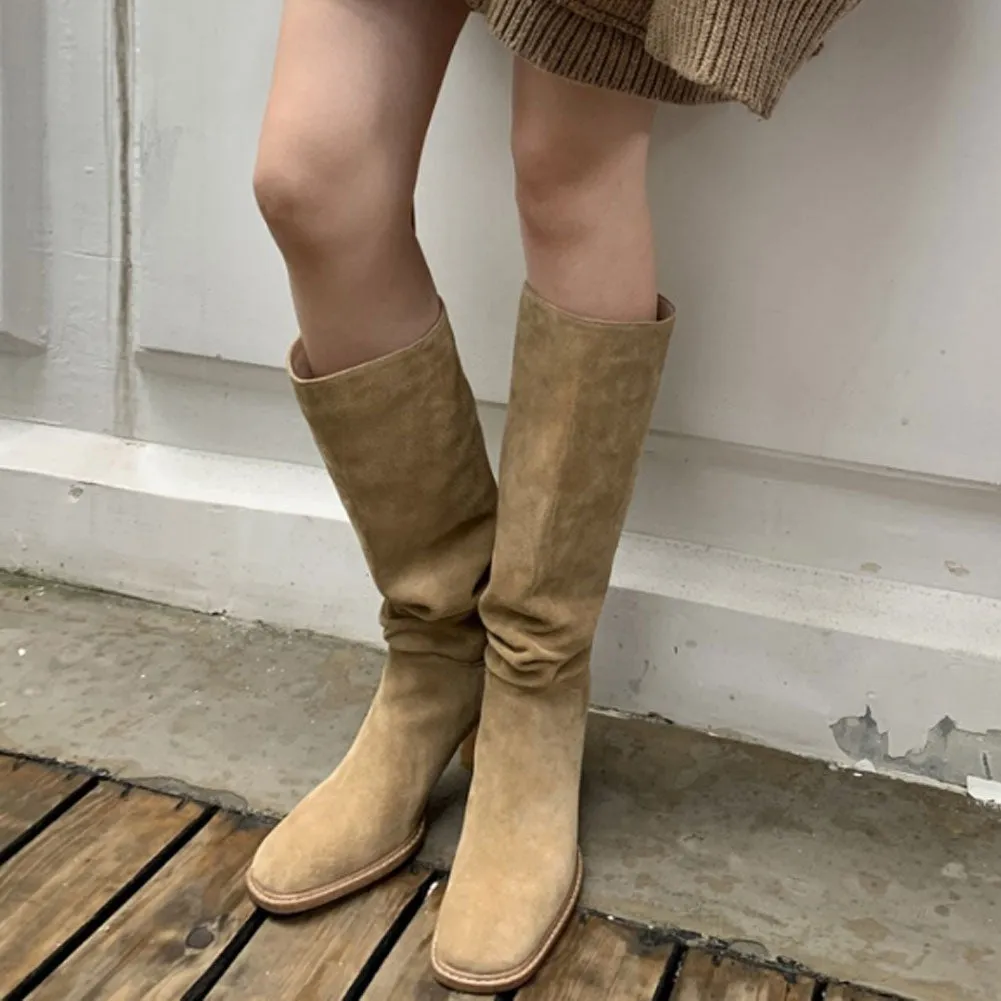 Womens Round Toe Vintage Suede Pull On Long Boots with Block Heel