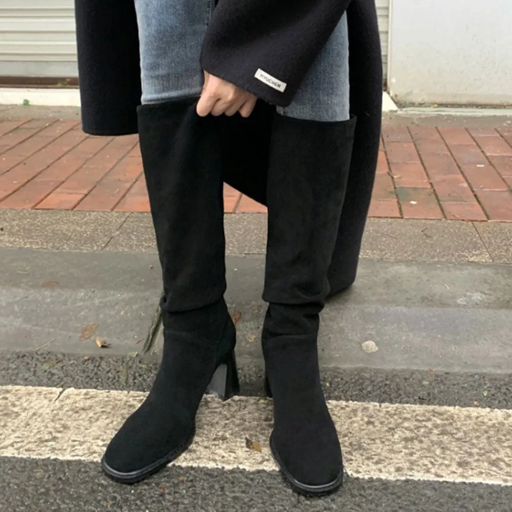 Womens Round Toe Vintage Suede Pull On Long Boots with Block Heel