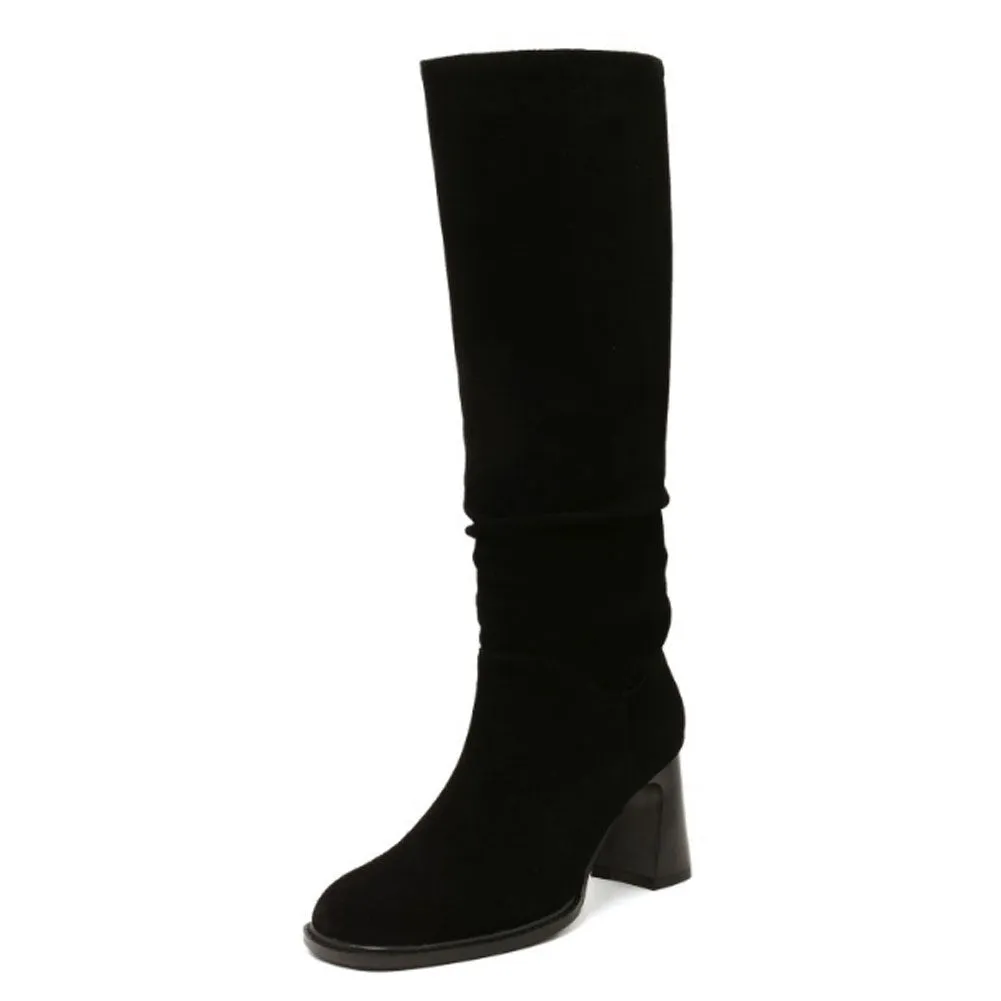Womens Round Toe Vintage Suede Pull On Long Boots with Block Heel