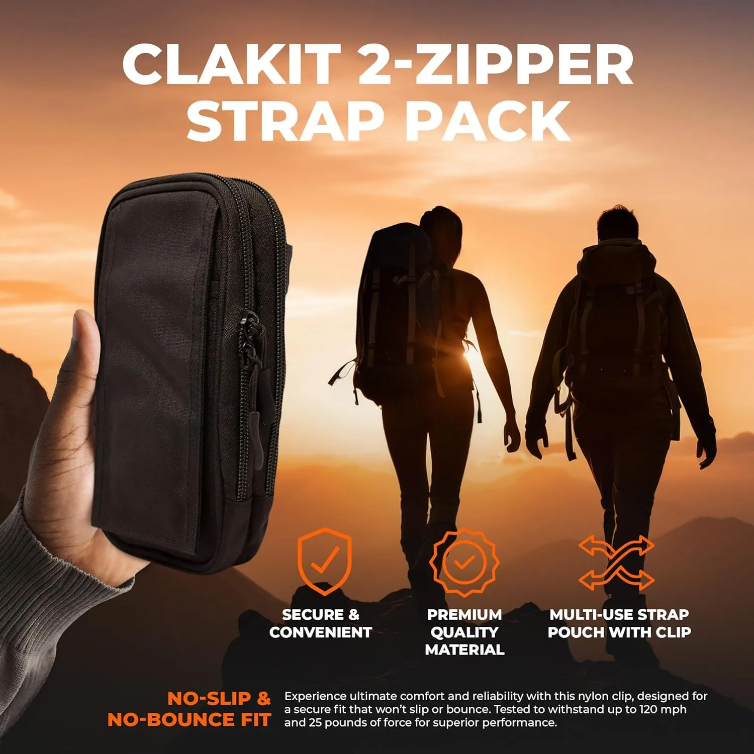 XL StrapPack Two Zipper Clip-On Pouch (Black), Travel Wallet, Backpack Pouch, Passport Holder