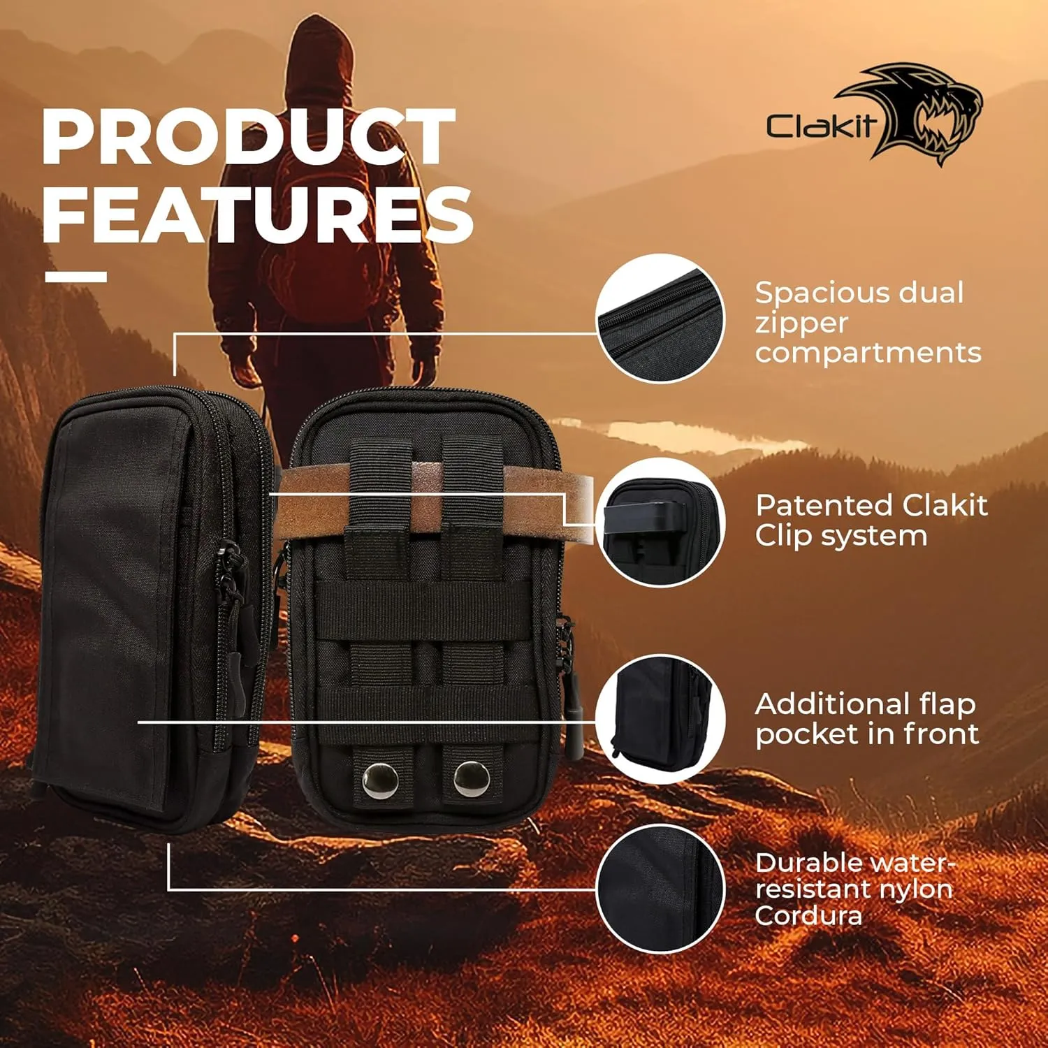 XL StrapPack Two Zipper Clip-On Pouch (Black), Travel Wallet, Backpack Pouch, Passport Holder