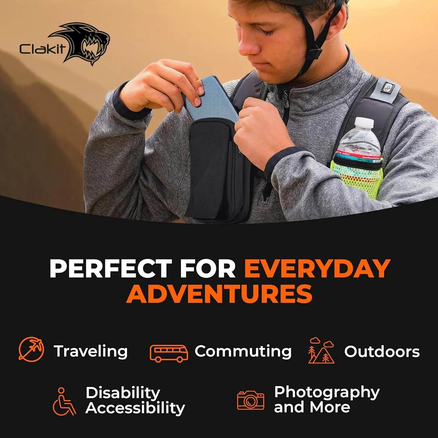XL StrapPack Two Zipper Clip-On Pouch (Black), Travel Wallet, Backpack Pouch, Passport Holder